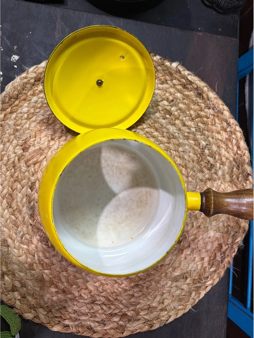 Vintage Yellow Enamel Saucepan with Wooden Handle